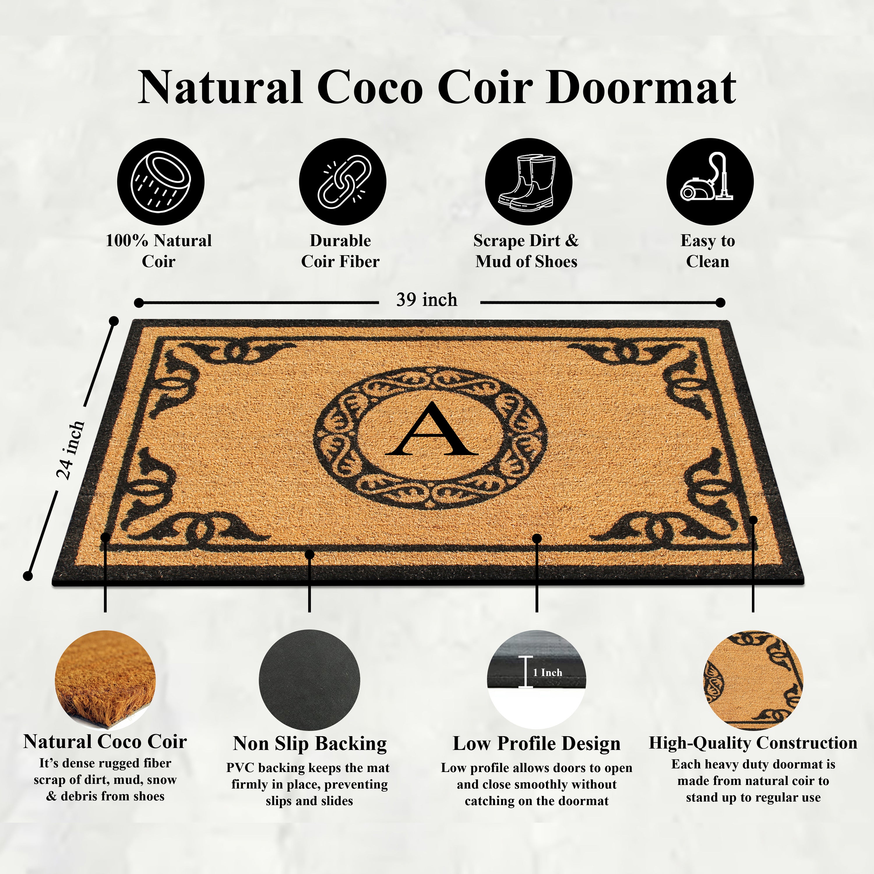 A1HC Personalized Monogram Coir Door Mat – Front Door Mat with Decorative Border, PVC Backing Outdoor Entryway Doormat