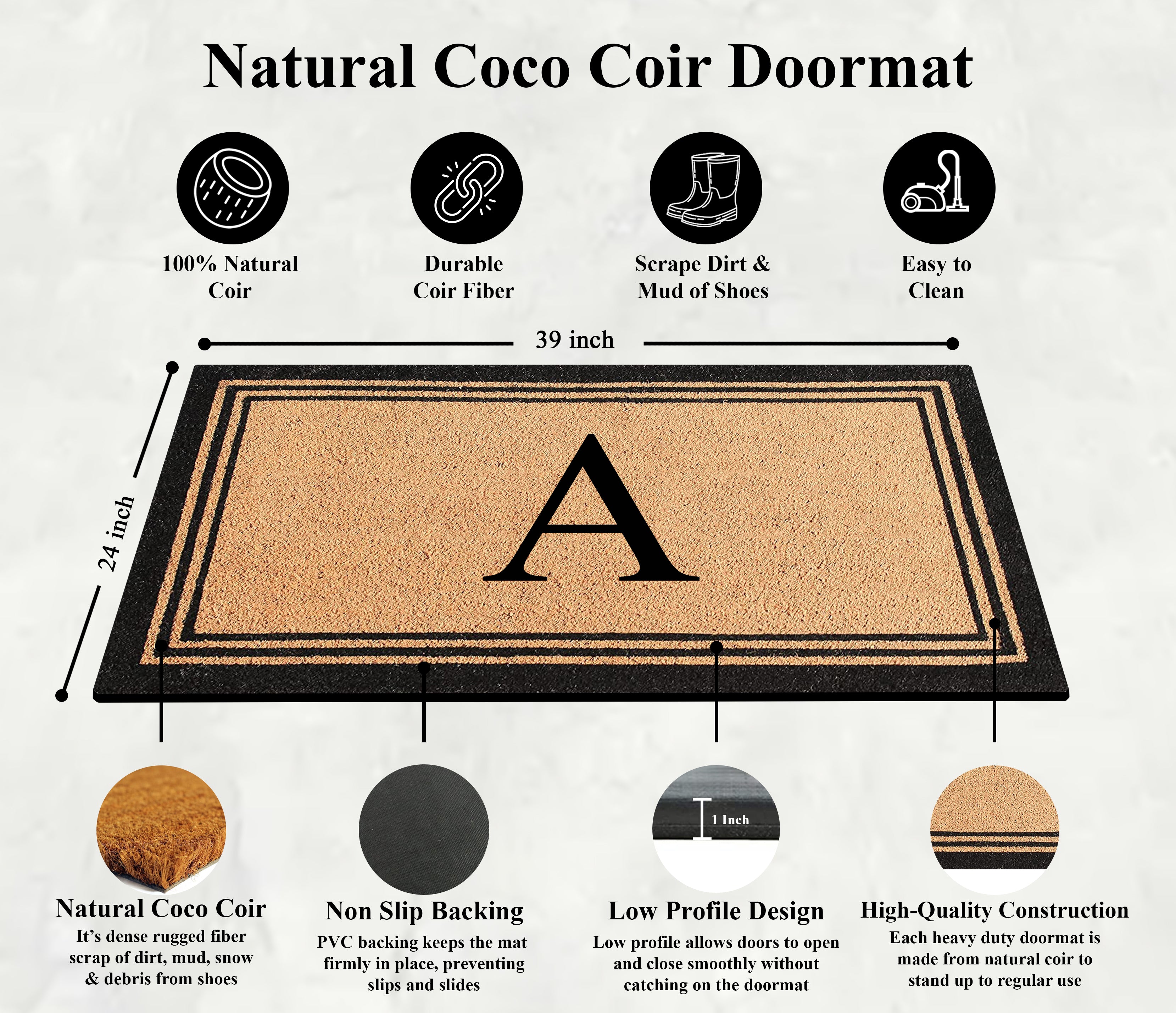 A1HC Natural Coir and PVC Backing Classic Border Monogrammed Door Mat, Anti-Shed Entry Doormat