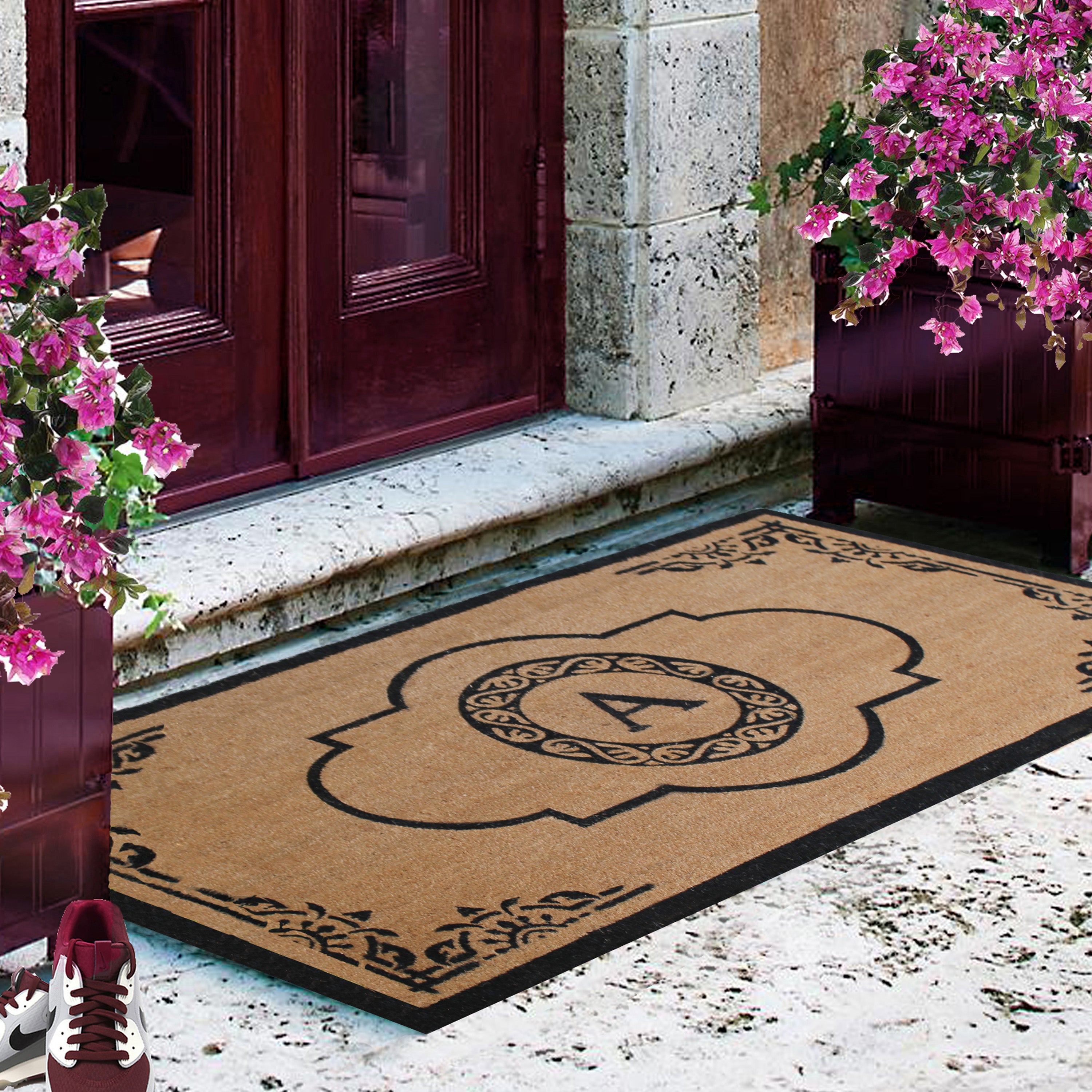 A1HC Personalized Monogram Coir Door Mat – Front Door Mat with Decorative Frame Design, PVC Backing Outdoor Entryway Doormat