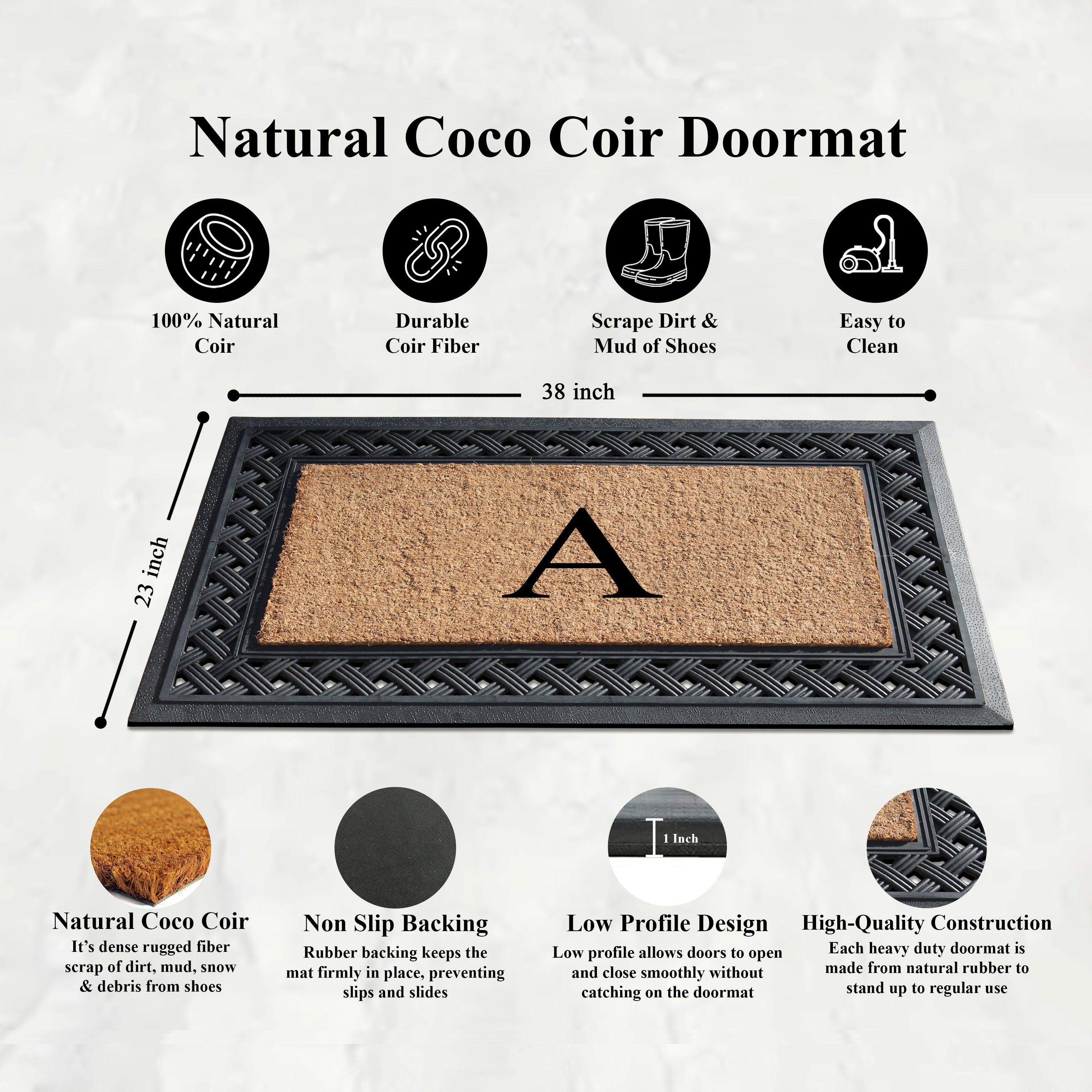 A1HC Personalized Monogram Coir Door Mat with Decorative Rubber Frame Outdoor Entry Mat 23" x 38"