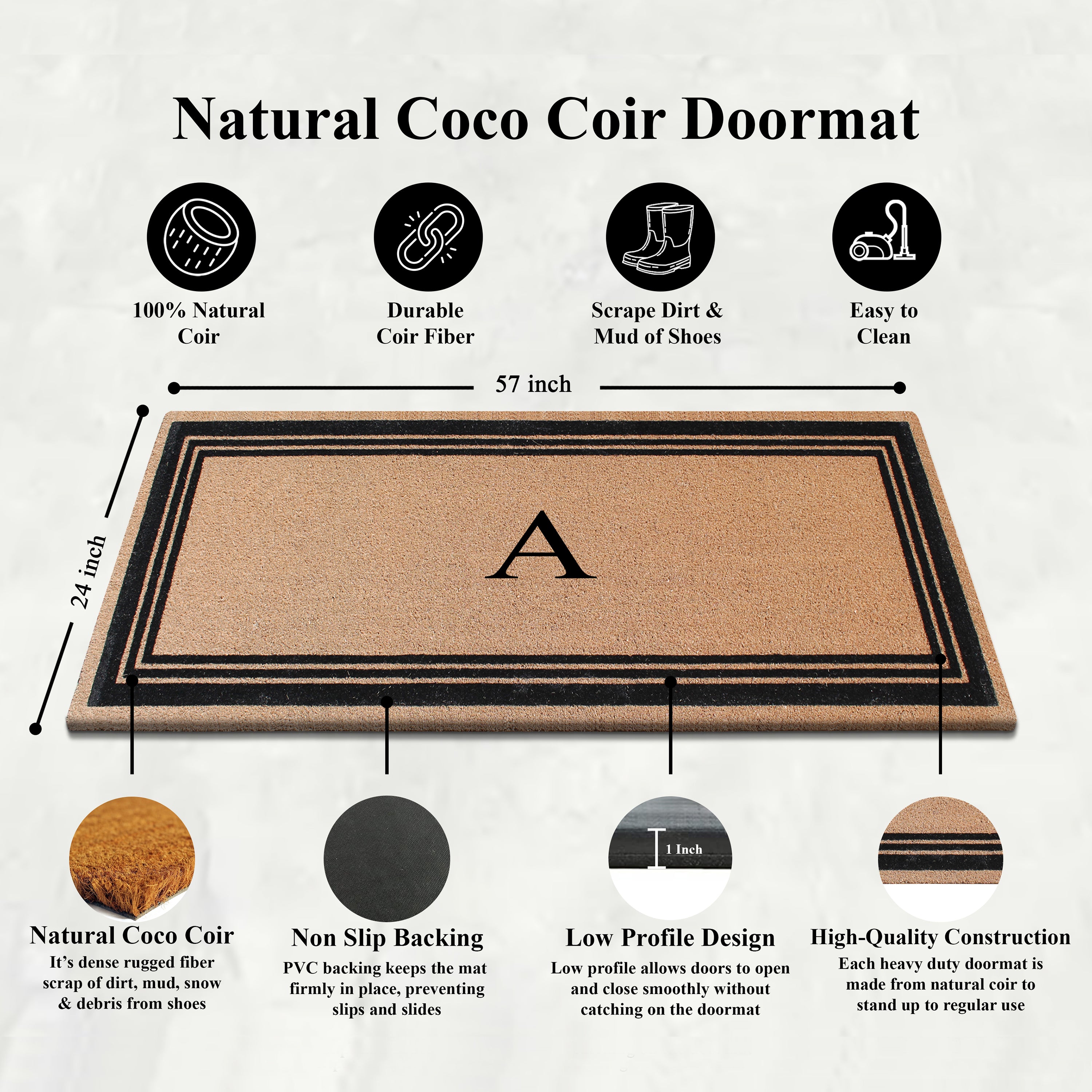 A1HC Personalized Monogrammed Coir Doormat – Classic Border Coco Fiber Outdoor Front Door Mat