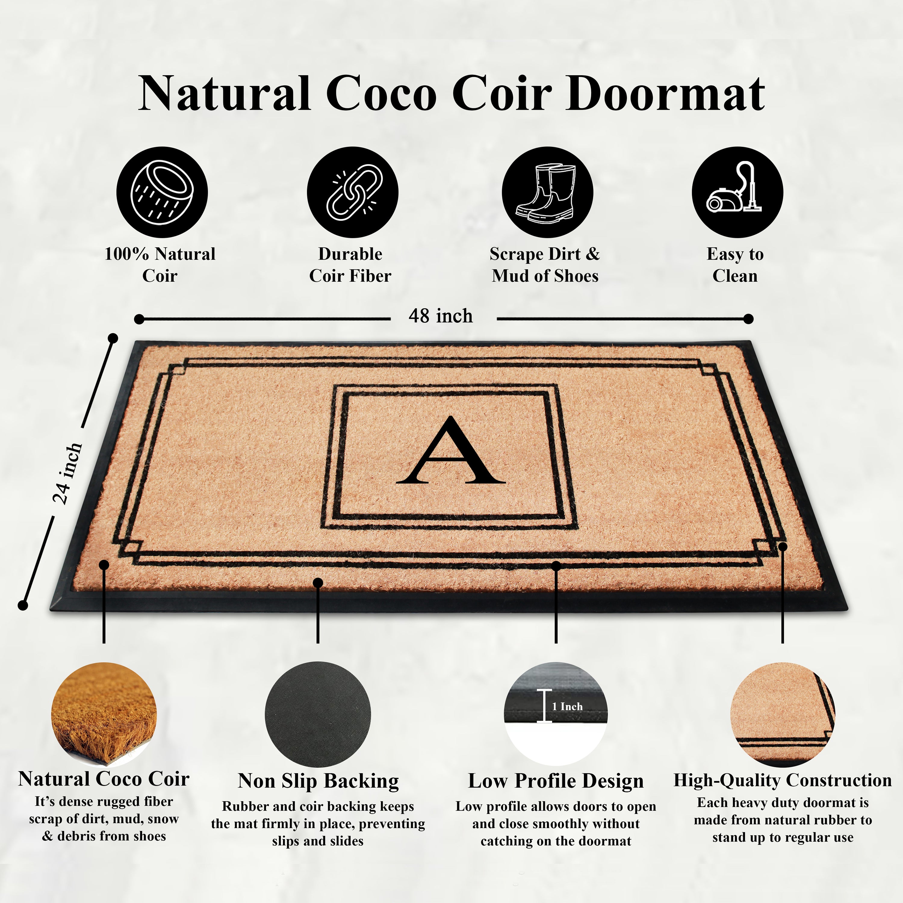A1HC Personalized Monogram Coir Doormat 24" x 48" – Geometric Border Coco Fiber Outdoor Front Door Mat