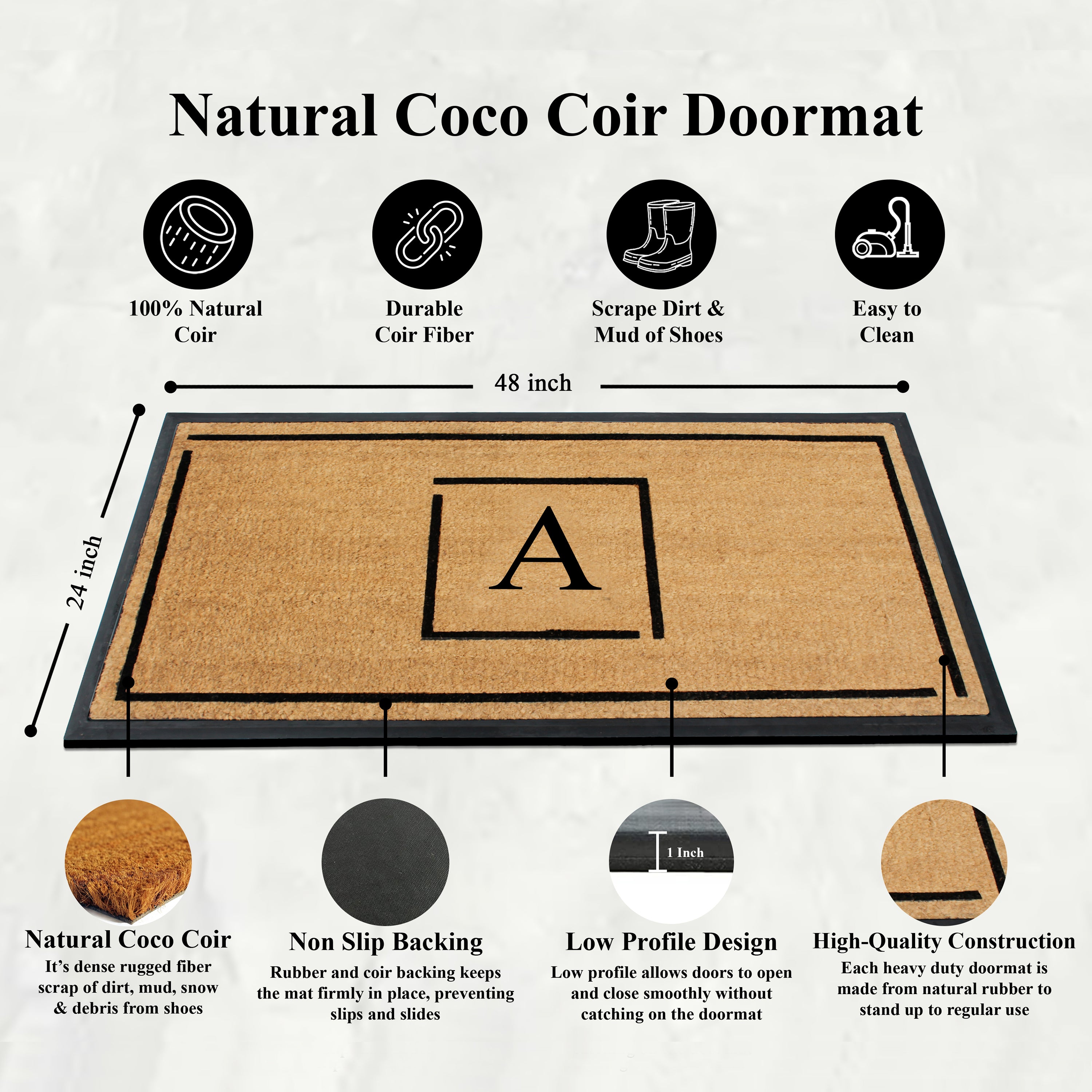 A1HC Personalized Monogram Coir Doormat 24" x 48" – Modern Square Border Coco Fiber Outdoor Front Door Mat