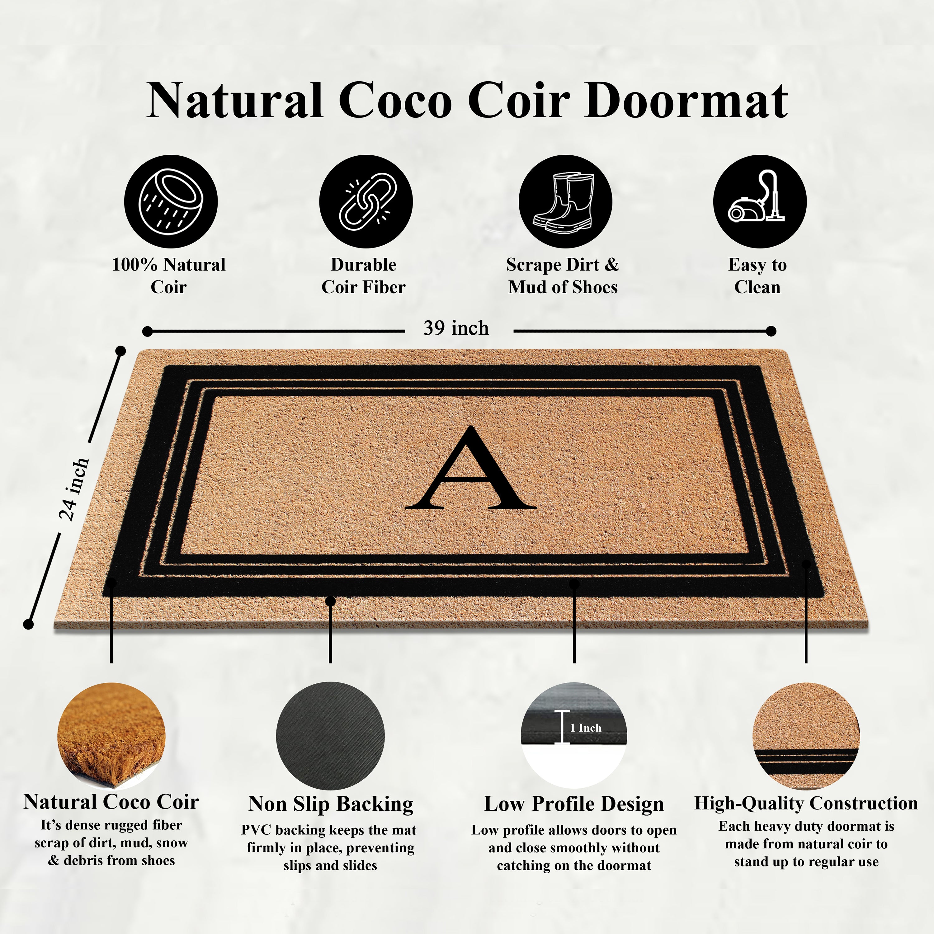 A1HC Personalized Monogrammed Coir Doormat 24" x 39" – Classic Border Coco Fiber Outdoor Front Door Mat