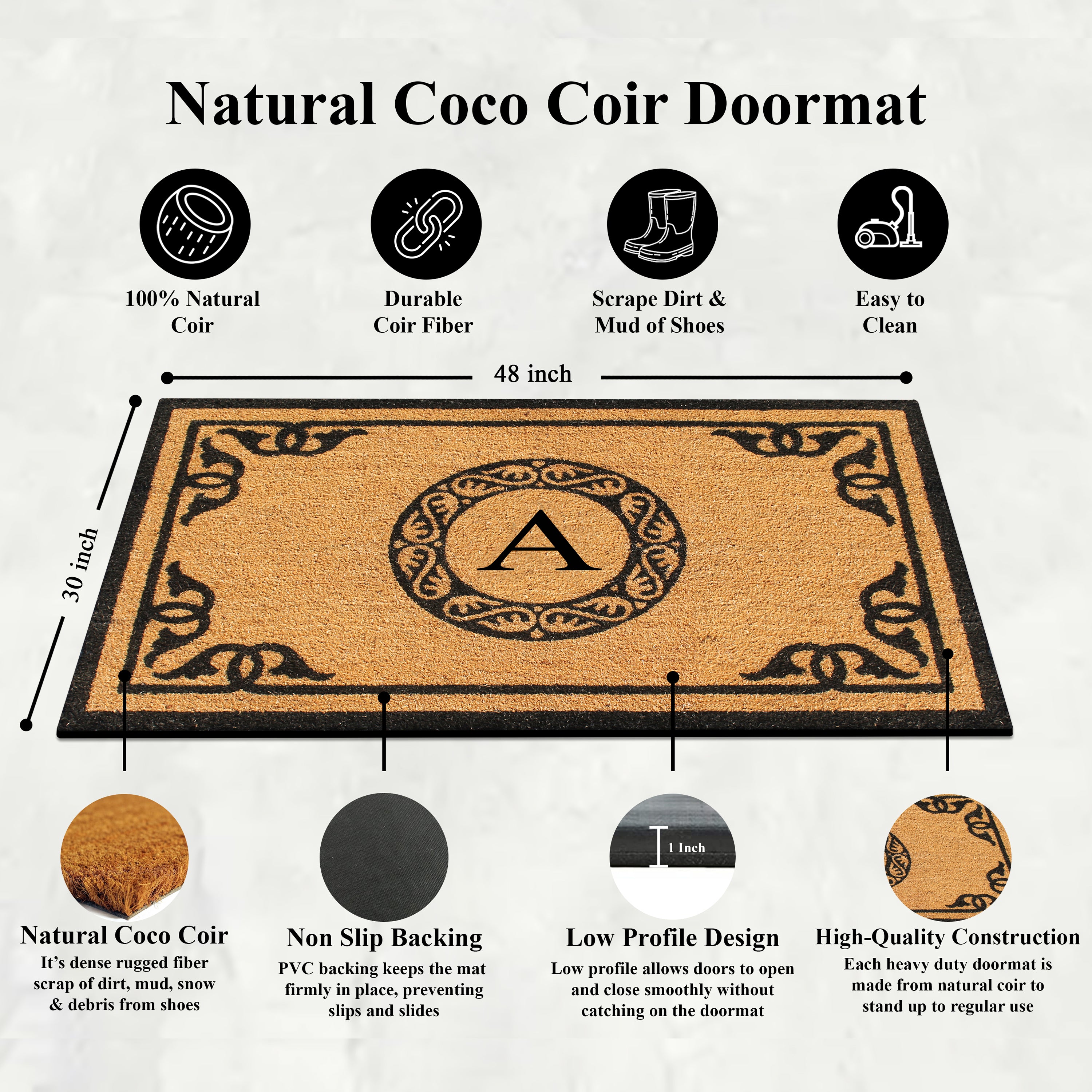 A1HC Personalized Monogram Coir Door Mat – Front Door Mat with Decorative Border, PVC Backing Outdoor Entryway Doormat