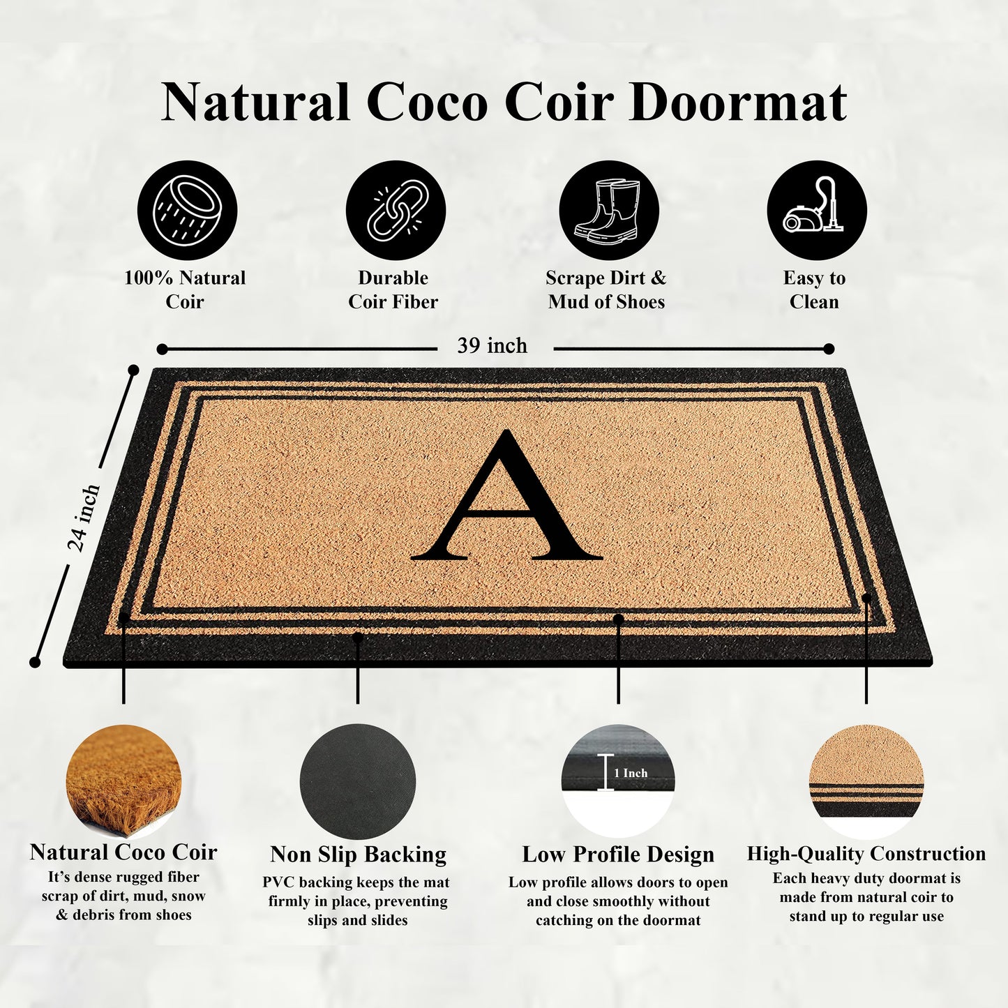 A1HC Personalized Monogram Coir Door Mat – Front Door Mat with Border Design, PVC Backing Outdoor Entryway Doormat