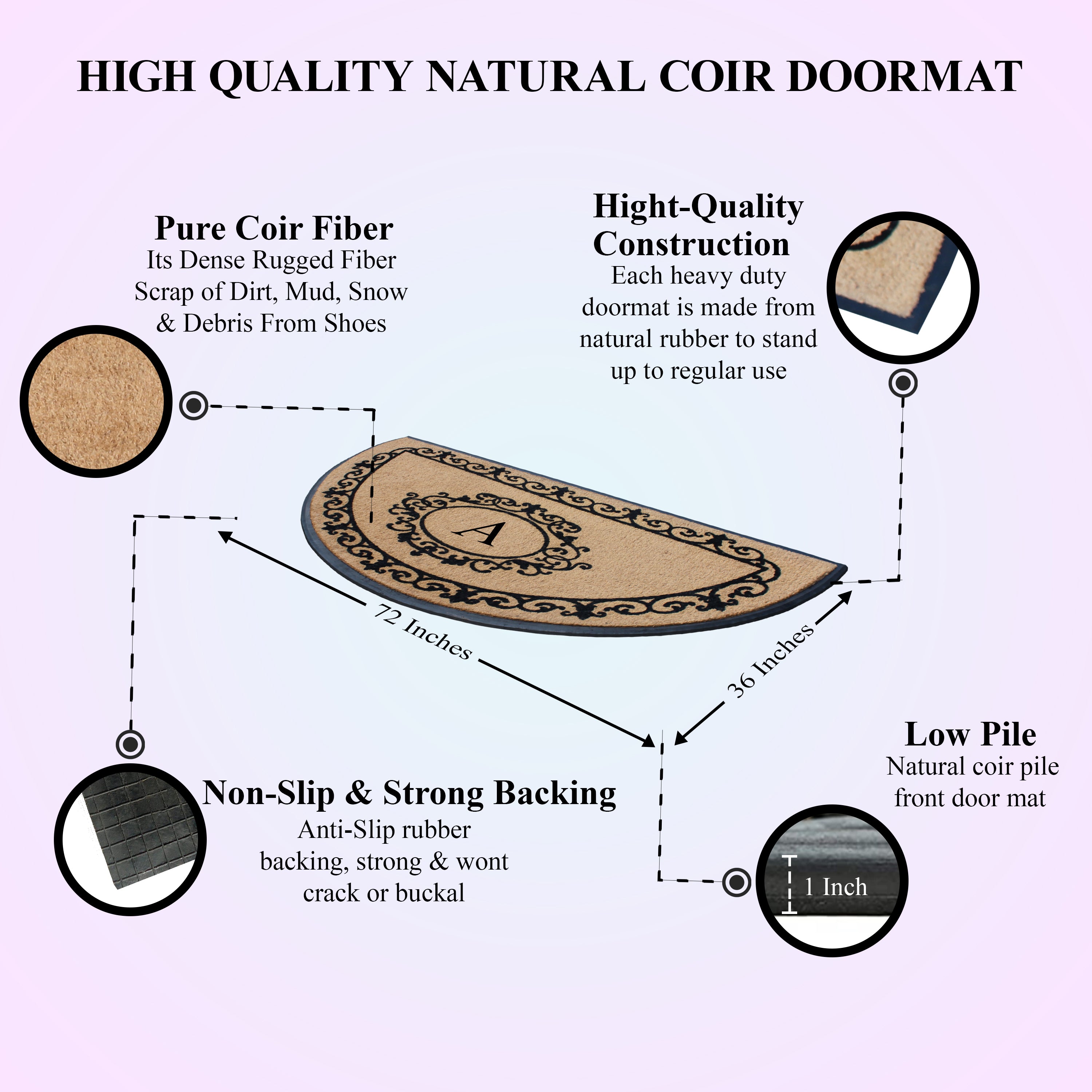 A1HC Personalized Half Moon Rubber Coir Door Mat 36 x 72 – Monogram Front Door Mat with Decorative Border Outdoor Entryway Mat