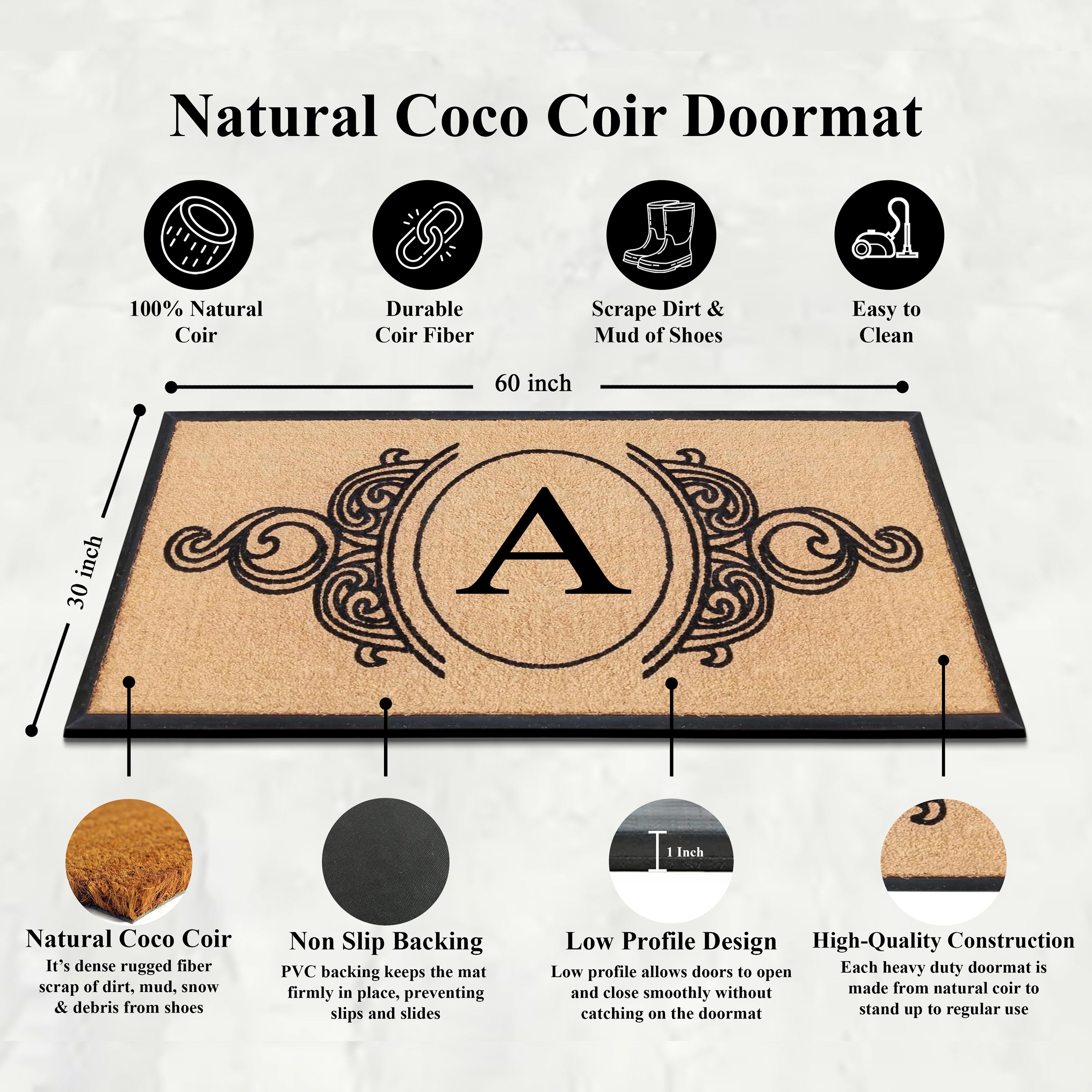 Custom entrance mat with decorative scrollwork and initial