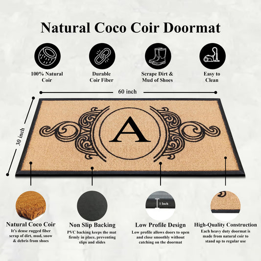 Custom entrance mat with decorative scrollwork and initial