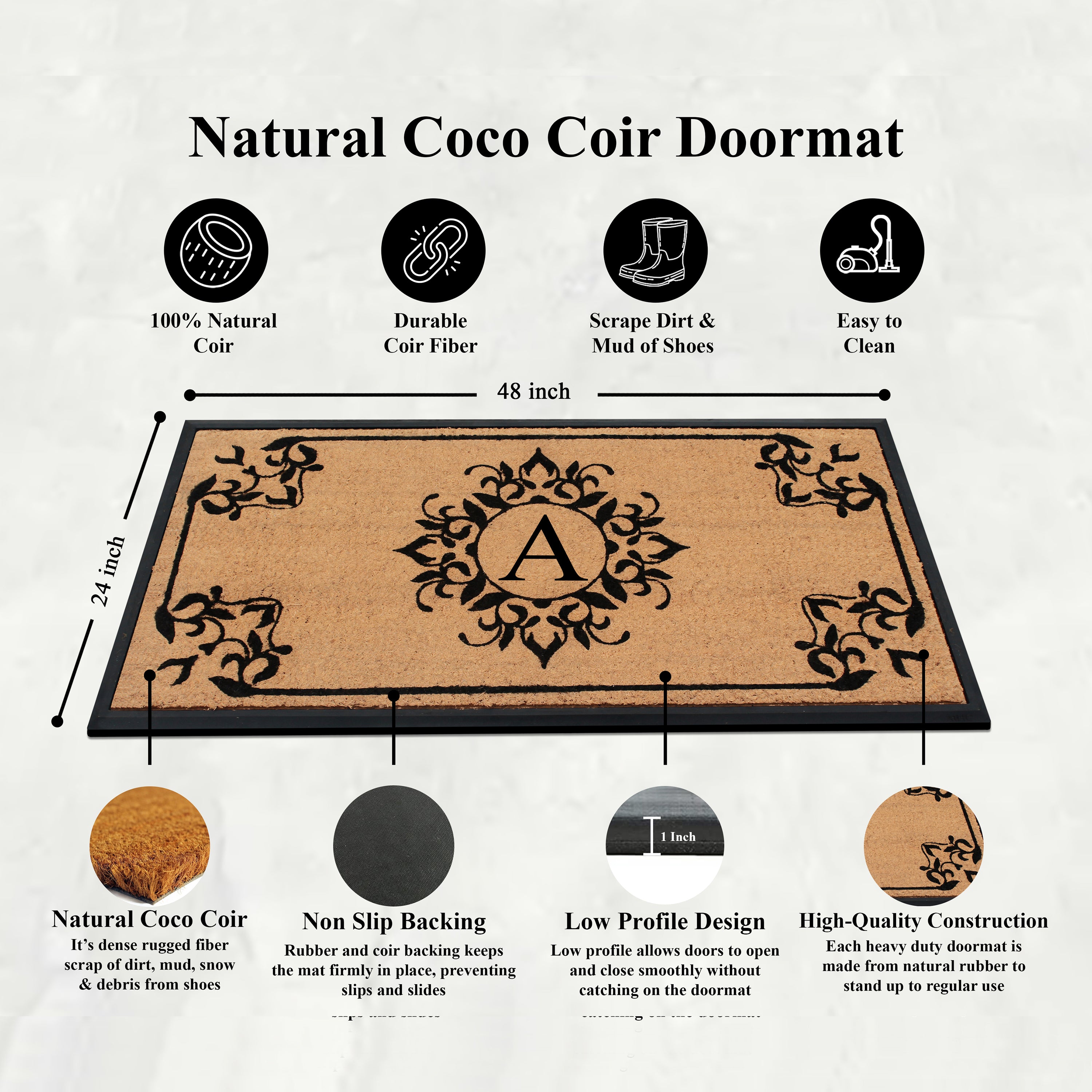 A1HC Personalized Monogram Rubber Coir Door Mat 24" x 48" – Front Door Mat with Decorative Border for Entryway, Porch & Patio
