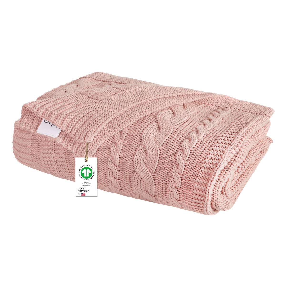 Delara Organic Cotton Throw Blanket 50x70 inches, GOTS Certified Cable Knitted Throws Blanket for Sofa Couch Bed