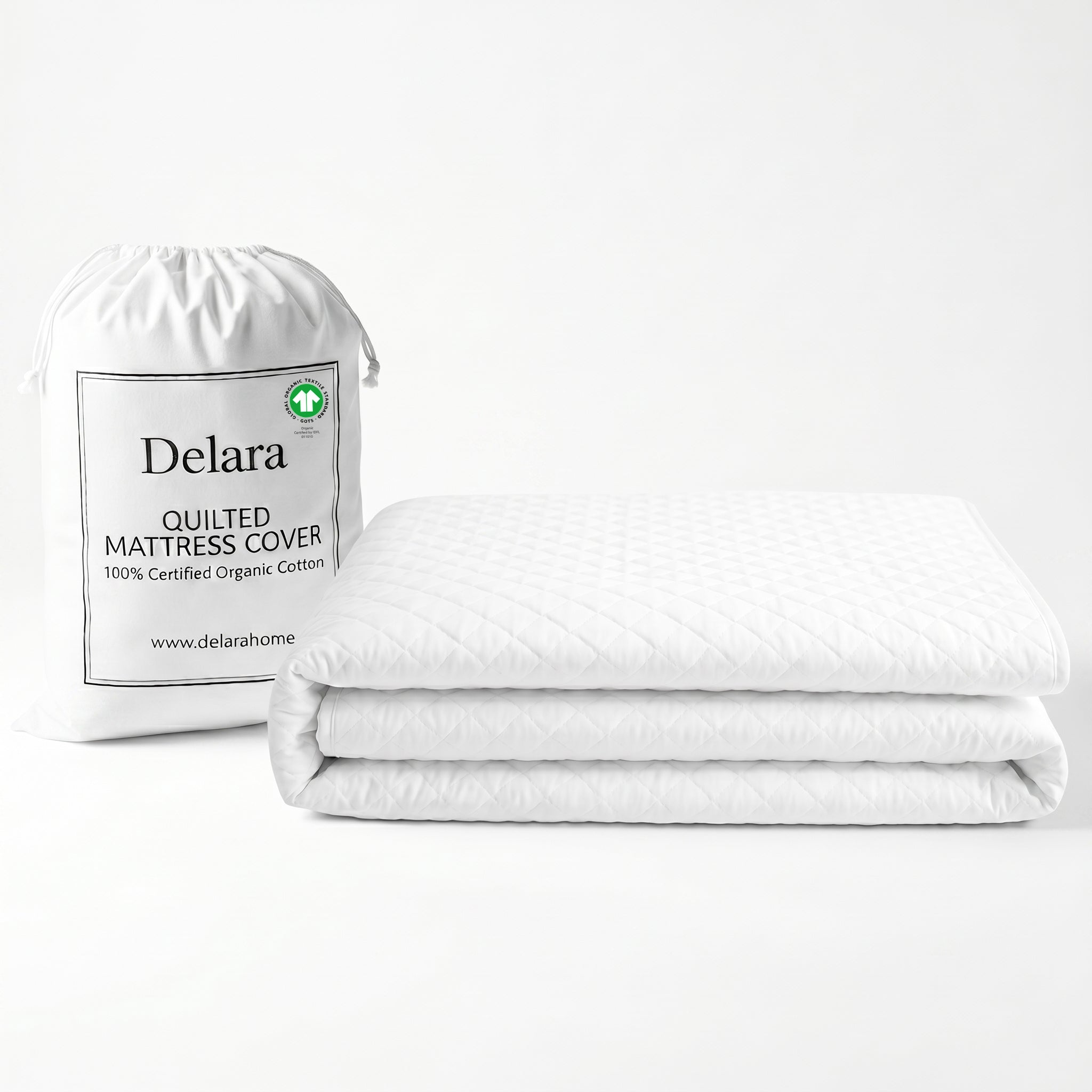 Delara Quilted Cotton Mattress Pad Cover, 100% GOTS Certified Organic Cotton Shell & Fill, 400TC, 300 GSM, 0.25" Padding, Breathable, Machine Washable