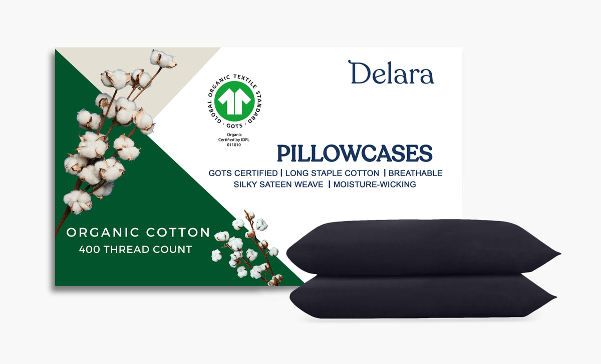 Delara GOTS Certified 100% Organic Cotton Pillowcase Pack of 2, 400 TC, Moisture-Wicking, Smooth & Breathable Pillowcases