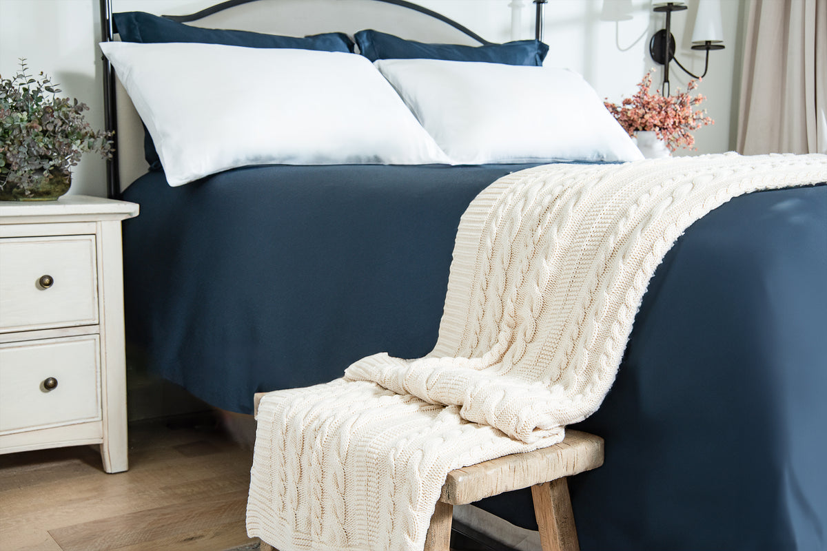 Delara Organic Cotton Throw Blanket 50x70 inches, GOTS Certified Cable Knitted Throws Blanket for Sofa Couch Bed