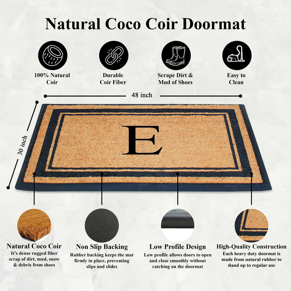 A1HC Personalized Monogram Rubber Coir Door Mat 30" x 48" – Custom Front Door Mat with Non-Slip Rubber Backing for Entryway, Porch & Patio