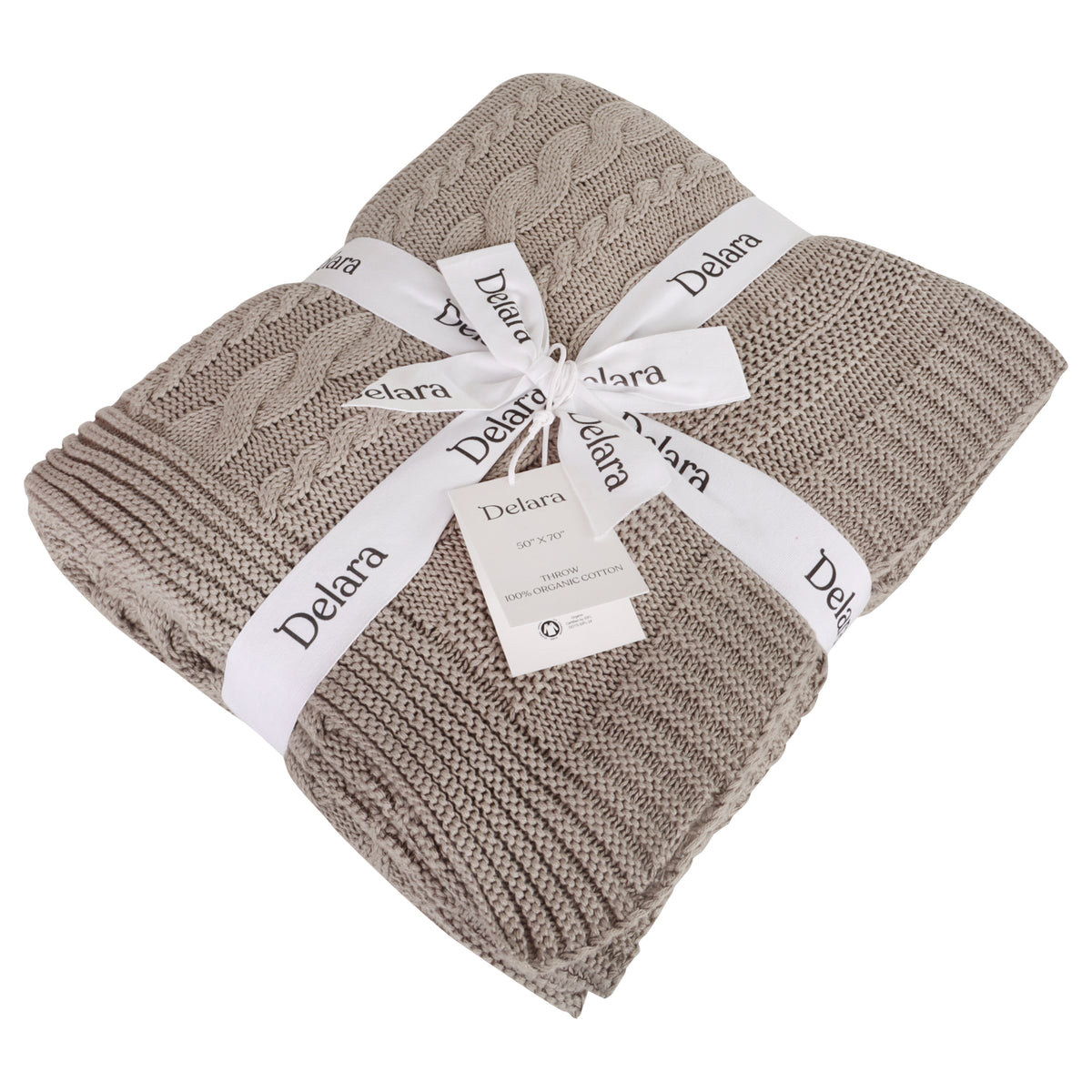 Delara Organic Cotton Throw Blanket 50x70 inches, GOTS Certified Cable Knitted Throws Blanket for Sofa Couch Bed
