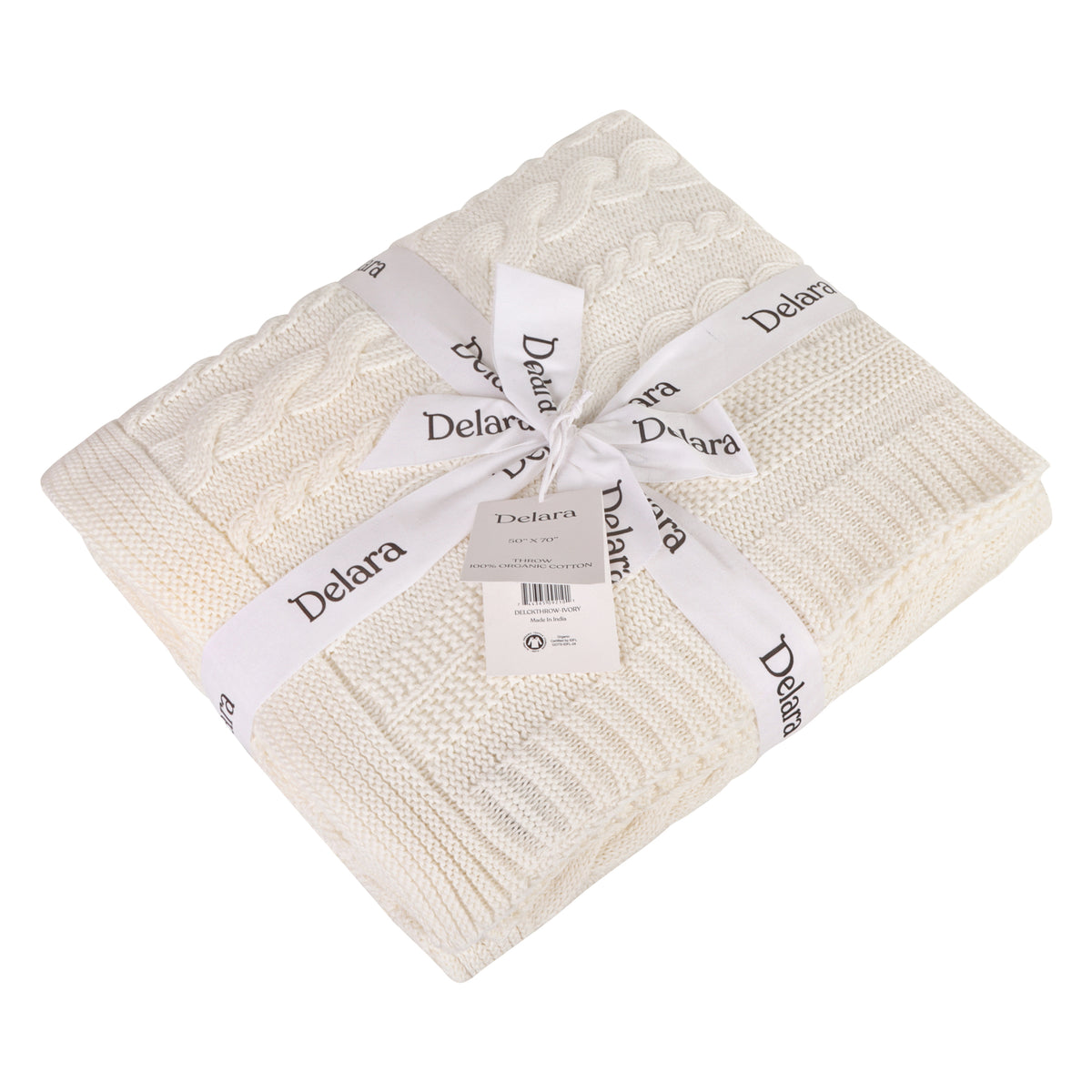 Delara Organic Cotton Throw Blanket 50x70 inches, GOTS Certified Cable Knitted Throws Blanket for Sofa Couch Bed