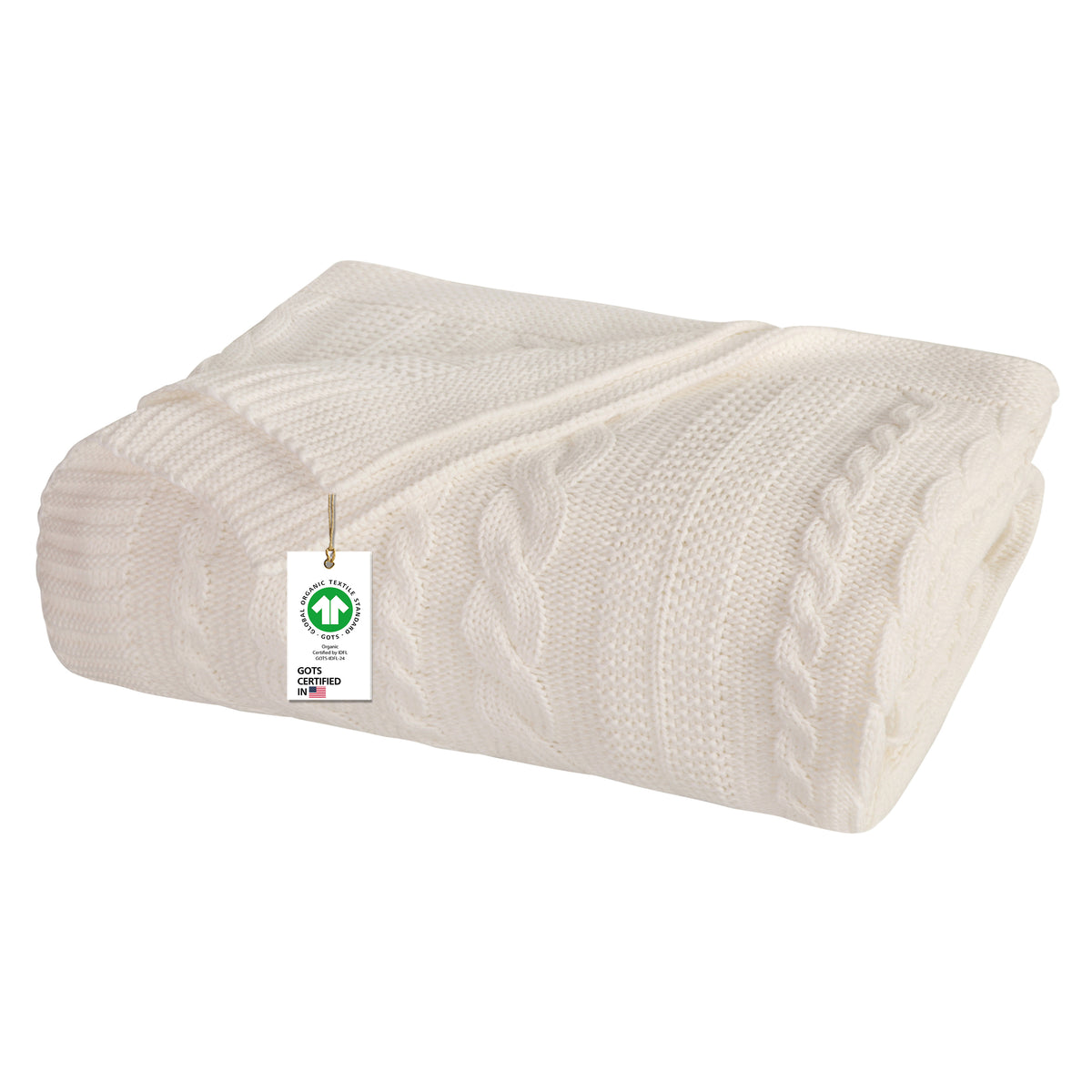 Delara Organic Cotton Throw Blanket 50x70 inches, GOTS Certified Cable Knitted Throws Blanket for Sofa Couch Bed