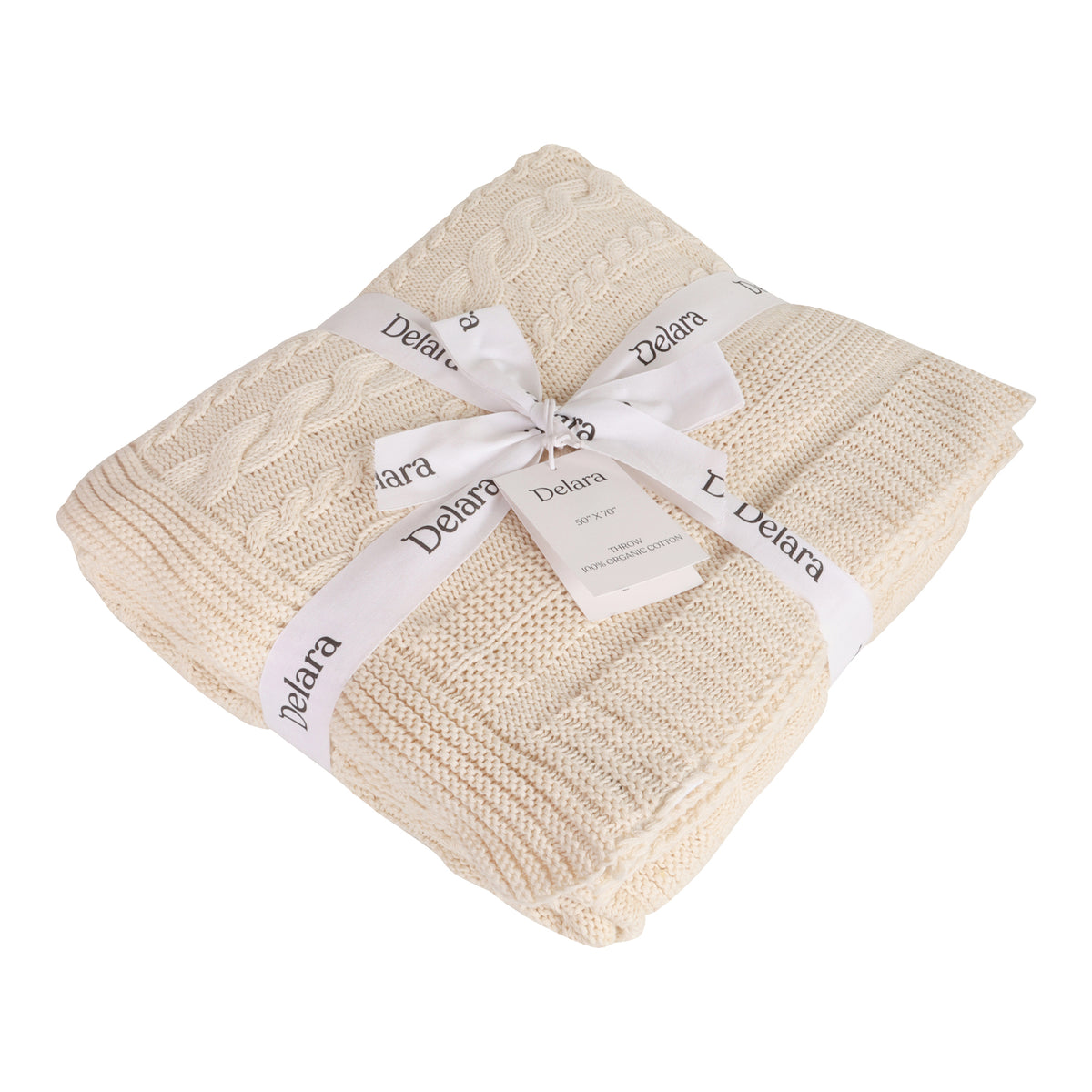 Delara Organic Cotton Throw Blanket 50x70 inches, GOTS Certified Cable Knitted Throws Blanket for Sofa Couch Bed