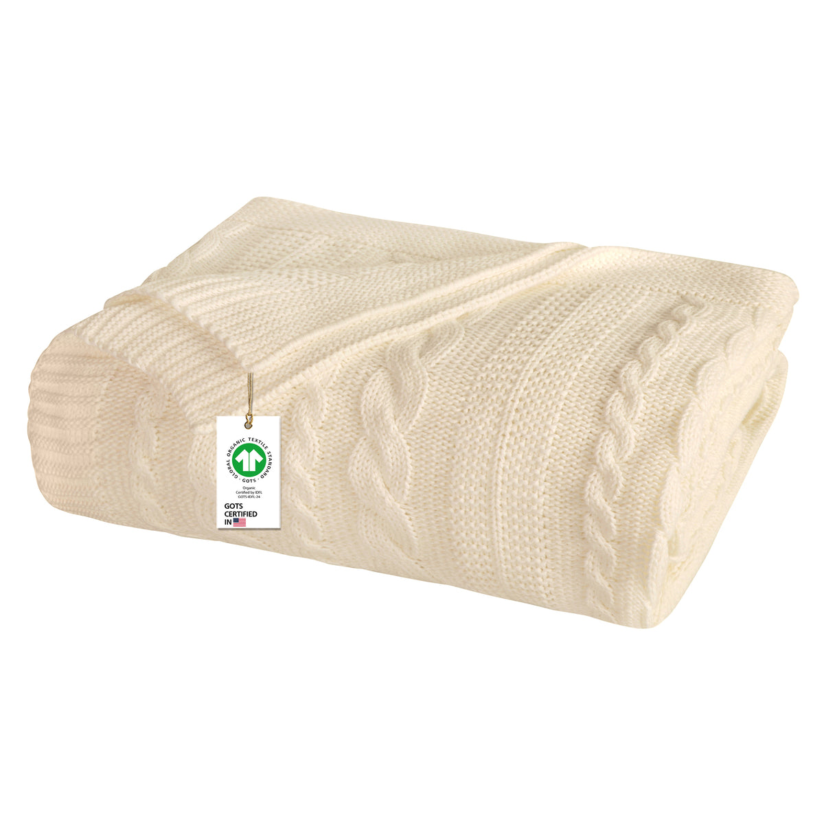 Delara Organic Cotton Throw Blanket 50x70 inches, GOTS Certified Cable Knitted Throws Blanket for Sofa Couch Bed