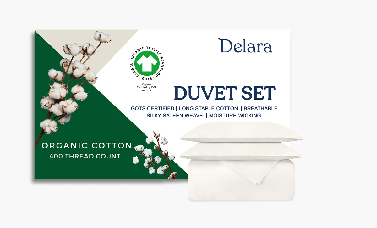 Delara GOTS Certified 100% Organic Cotton Duvet Cover Set 400TC, Moisture-Wicking, Smooth & Breathable Duvet for Hot Sleepers