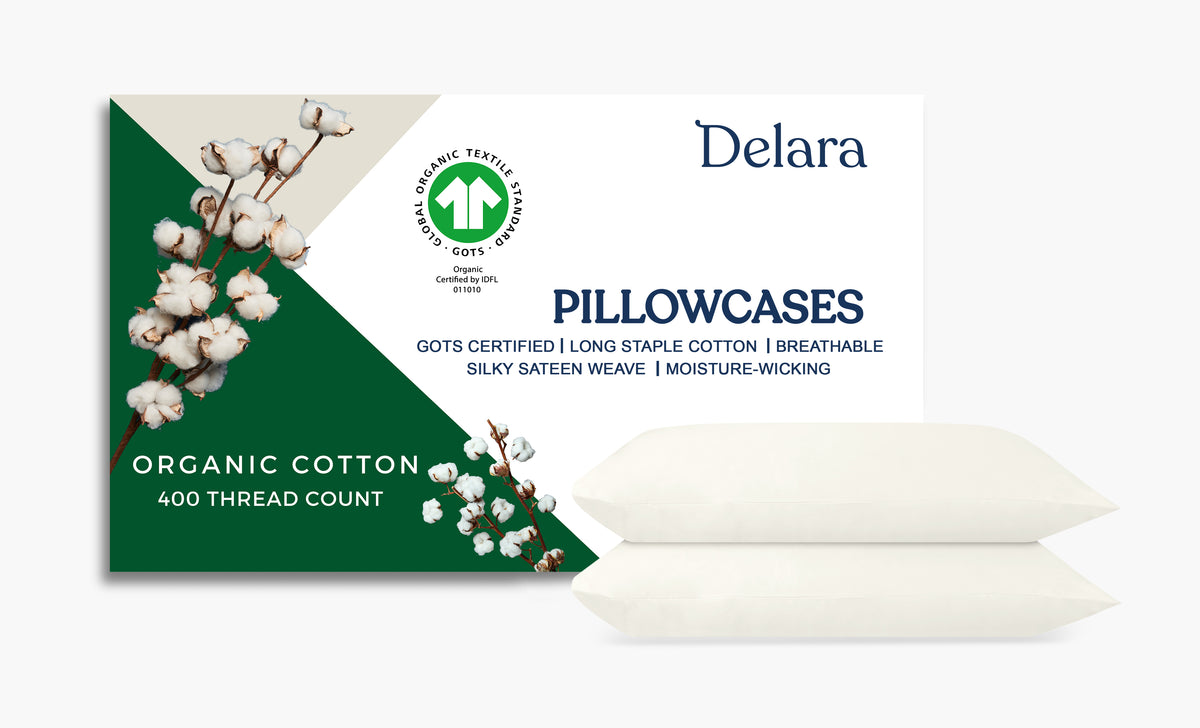 Delara GOTS Certified 100% Organic Cotton Pillowcase Pack of 2, 400 TC, Moisture-Wicking, Smooth & Breathable Pillowcases
