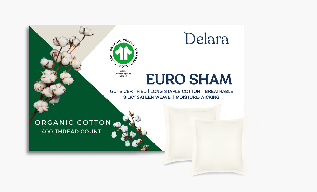 Delara GOTS Certified 100% Organic Cotton Euro Sham Pack of 2, 400 TC, Moisture-Wicking, Smooth & Breathable High-Quality Euro Sham