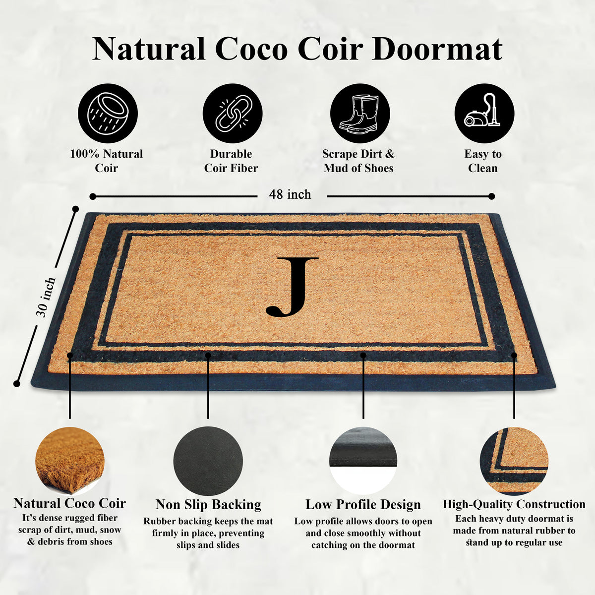 A1HC Personalized Monogram Rubber Coir Door Mat 30" x 48" – Custom Front Door Mat with Non-Slip Rubber Backing for Entryway, Porch & Patio