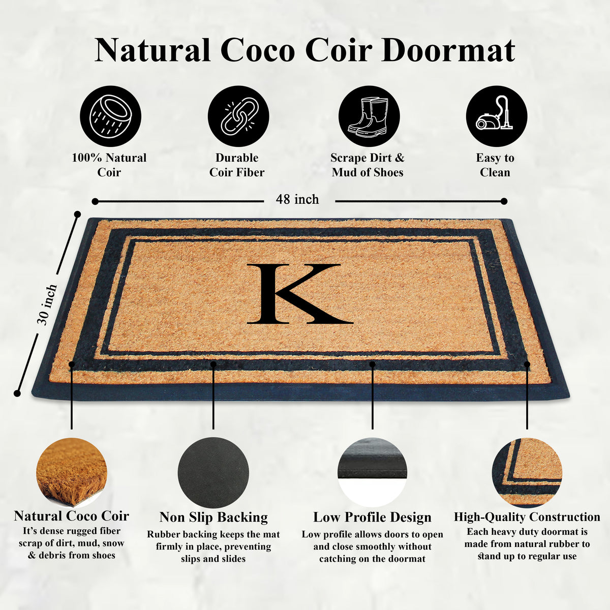 A1HC Personalized Monogram Rubber Coir Door Mat 30" x 48" – Custom Front Door Mat with Non-Slip Rubber Backing for Entryway, Porch & Patio