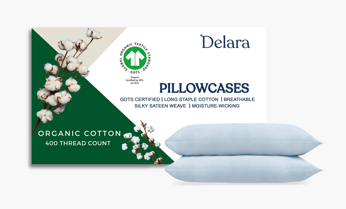 Delara GOTS Certified 100% Organic Cotton Pillowcase Pack of 2, 400 TC, Moisture-Wicking, Smooth & Breathable Pillowcases