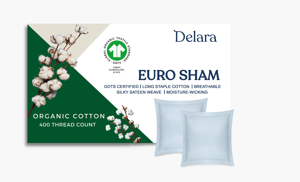 Delara GOTS Certified 100% Organic Cotton Euro Sham Pack of 2, 400 TC, Moisture-Wicking, Smooth & Breathable High-Quality Euro Sham