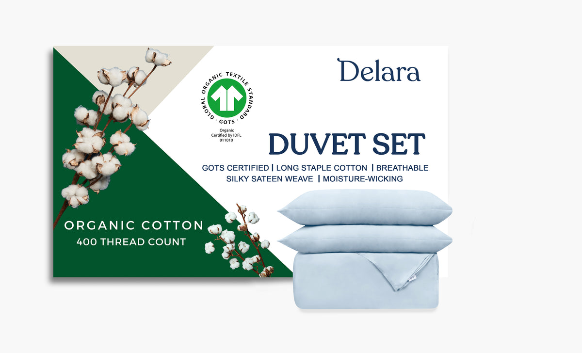 Delara GOTS Certified 100% Organic Cotton Duvet Cover Set 400TC, Moisture-Wicking, Smooth & Breathable Duvet for Hot Sleepers