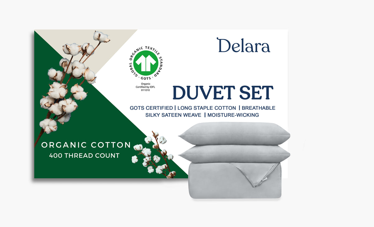Delara GOTS Certified 100% Organic Cotton Duvet Cover Set 400TC, Moisture-Wicking, Smooth & Breathable Duvet for Hot Sleepers