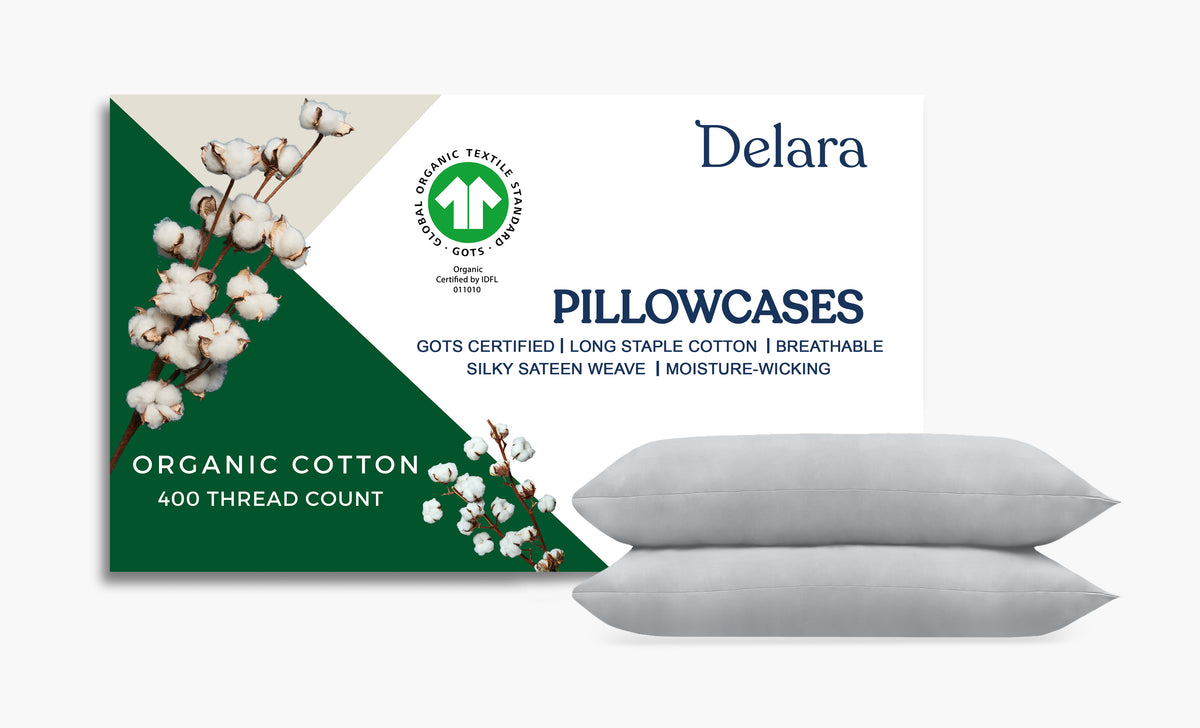 Delara GOTS Certified 100% Organic Cotton Pillowcase Pack of 2, 400 TC, Moisture-Wicking, Smooth & Breathable Pillowcases