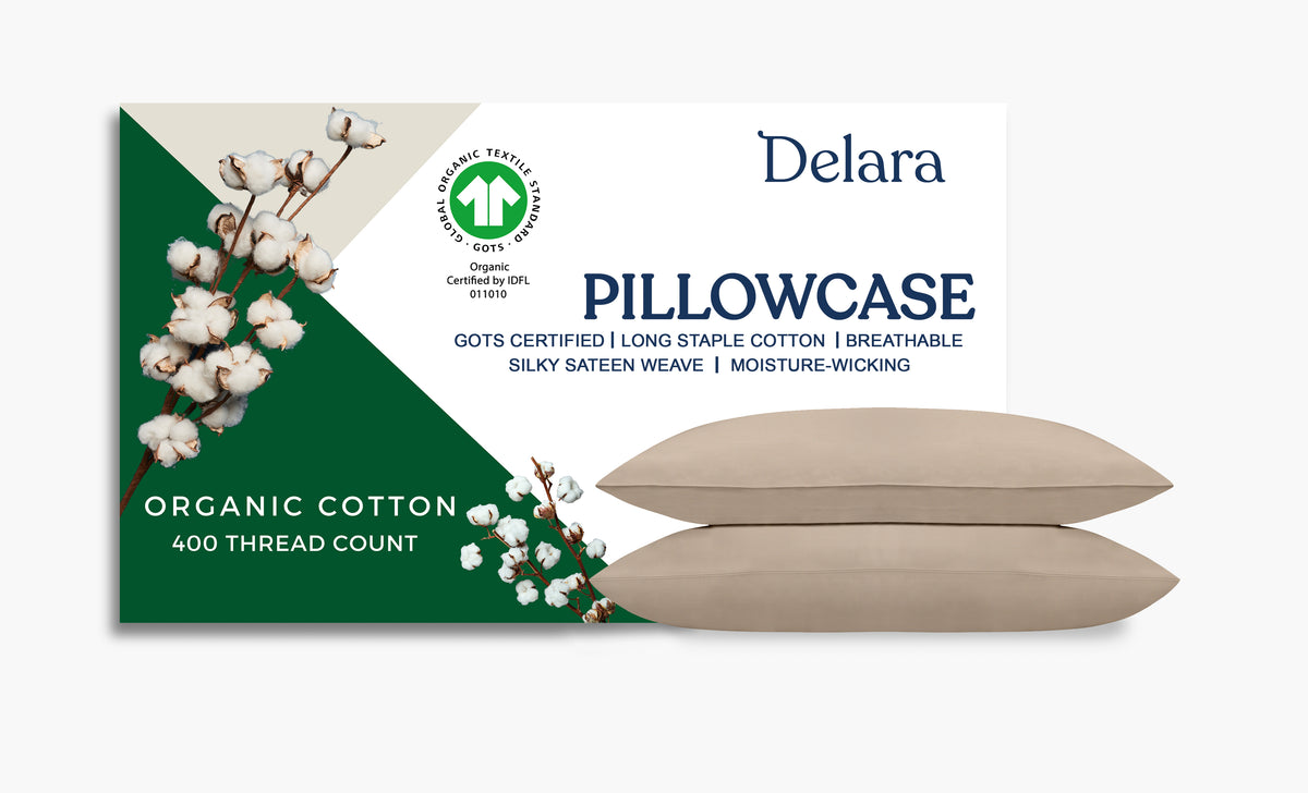 Delara GOTS Certified 100% Organic Cotton Pillowcase Pack of 2, 400 TC, Moisture-Wicking, Smooth & Breathable Pillowcases