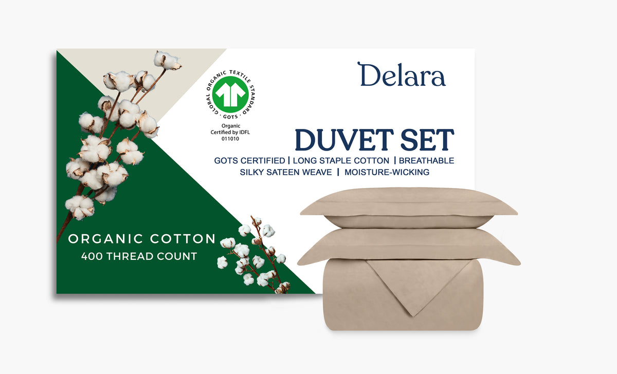 Delara GOTS Certified 100% Organic Cotton Duvet Cover Set 400TC, Moisture-Wicking, Smooth & Breathable Duvet for Hot Sleepers