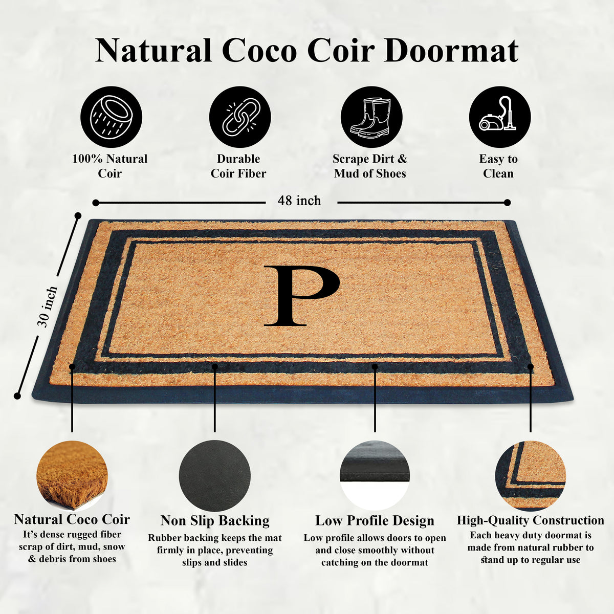 A1HC Personalized Monogram Rubber Coir Door Mat 30" x 48" – Custom Front Door Mat with Non-Slip Rubber Backing for Entryway, Porch & Patio