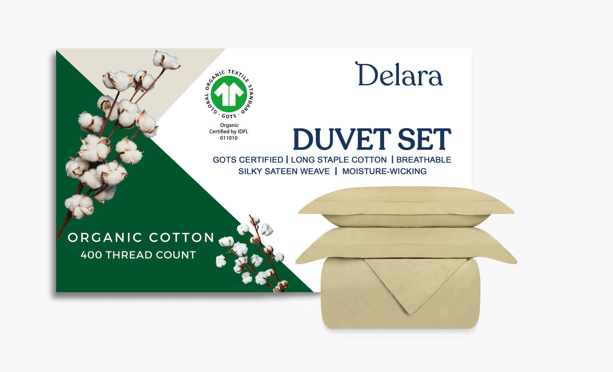 Delara GOTS Certified 100% Organic Cotton Duvet Cover Set 400TC, Moisture-Wicking, Smooth & Breathable Duvet for Hot Sleepers