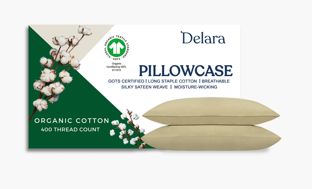 Delara GOTS Certified 100% Organic Cotton Pillowcase Pack of 2, 400 TC, Moisture-Wicking, Smooth & Breathable Pillowcases