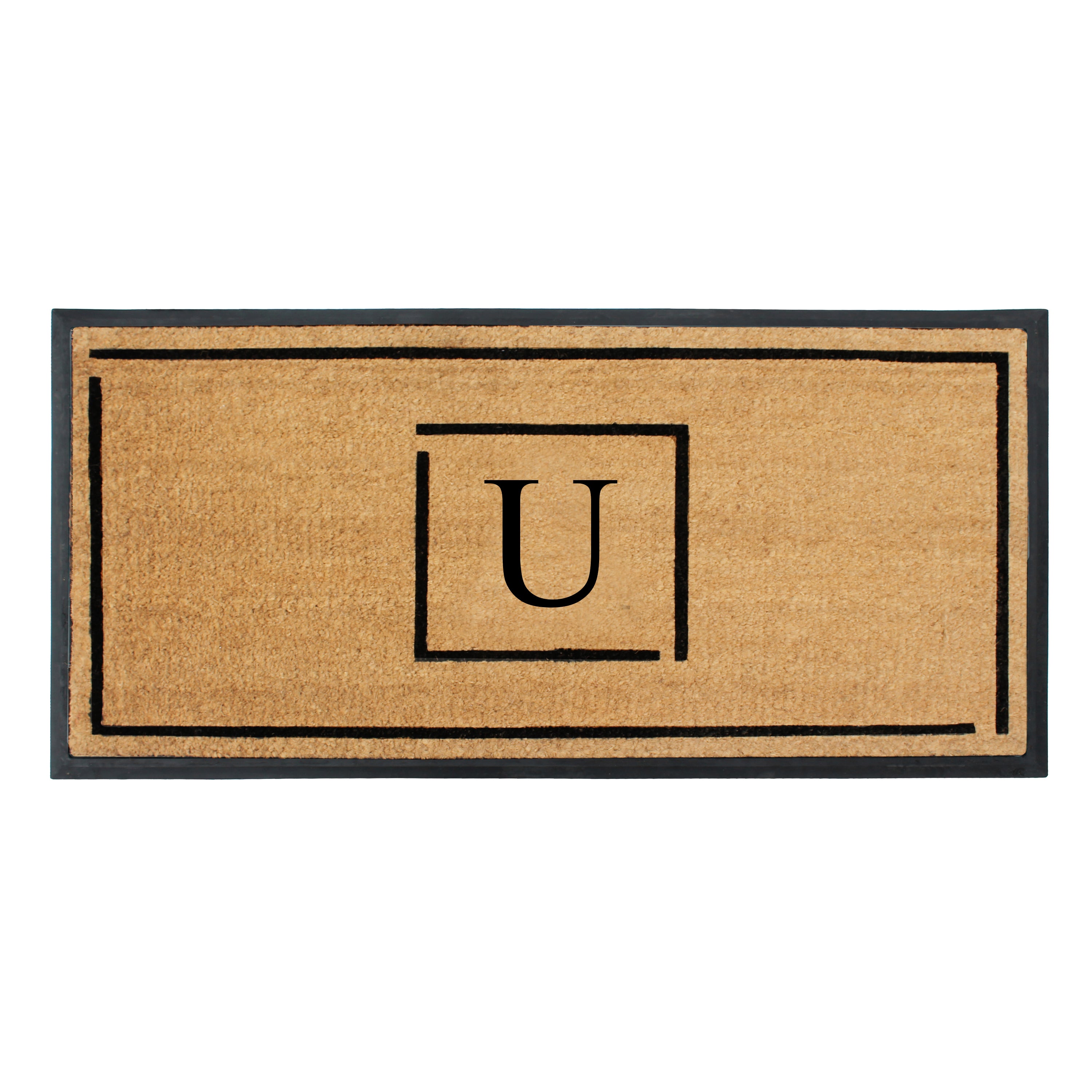 A1HC Personalized Monogram Coir Doormat 24" x 48" – Modern Square Border Coco Fiber Outdoor Front Door Mat