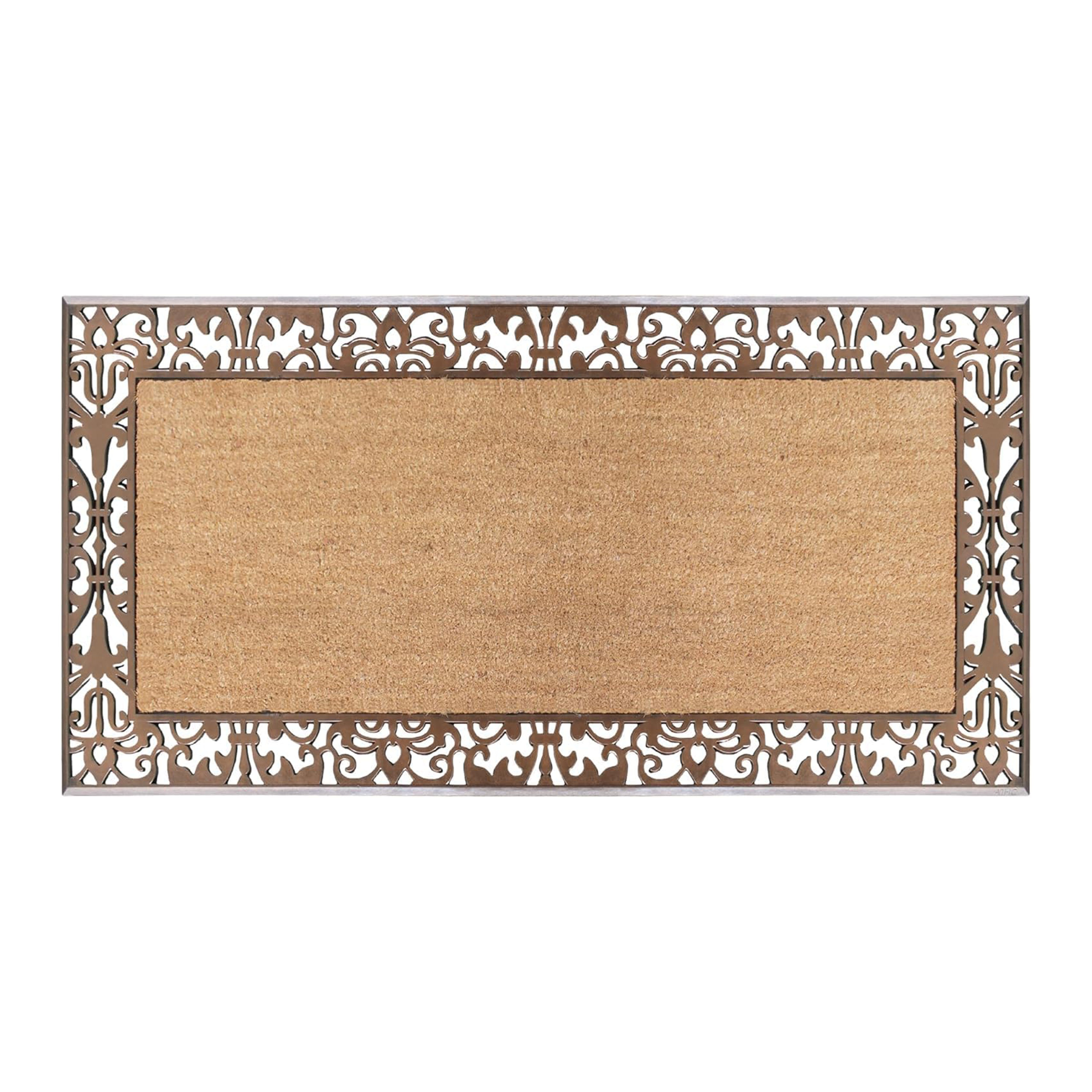 Rubber coir door mat with decorative border for outdoor entrance
