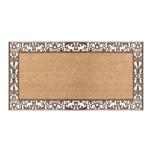Rubber coir door mat with decorative border for outdoor entrance