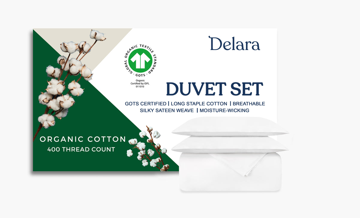 Delara GOTS Certified 100% Organic Cotton Duvet Cover Set 400TC, Moisture-Wicking, Smooth & Breathable Duvet for Hot Sleepers