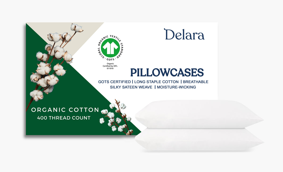 Delara GOTS Certified 100% Organic Cotton Pillowcase Pack of 2, 400 TC, Moisture-Wicking, Smooth & Breathable Pillowcases