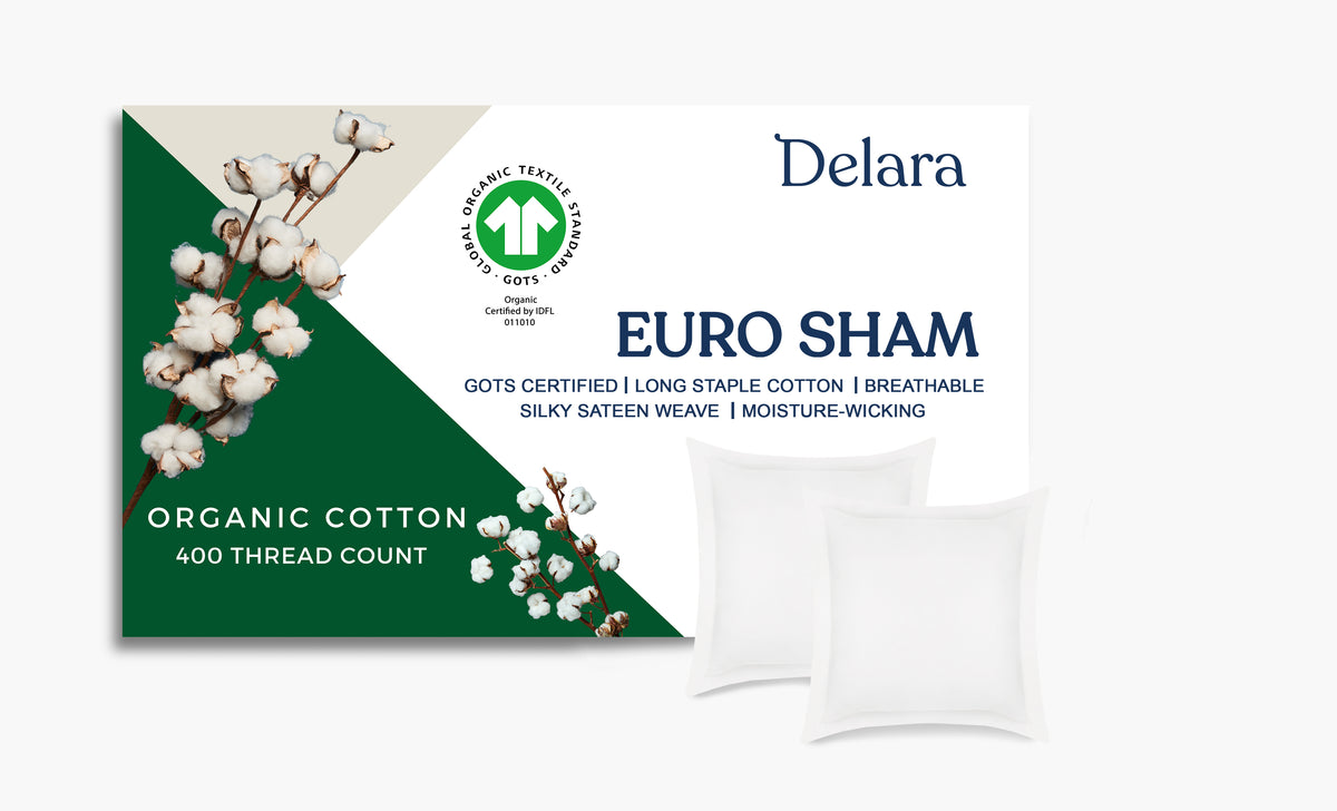 Delara GOTS Certified 100% Organic Cotton Euro Sham Pack of 2, 400 TC, Moisture-Wicking, Smooth & Breathable High-Quality Euro Sham