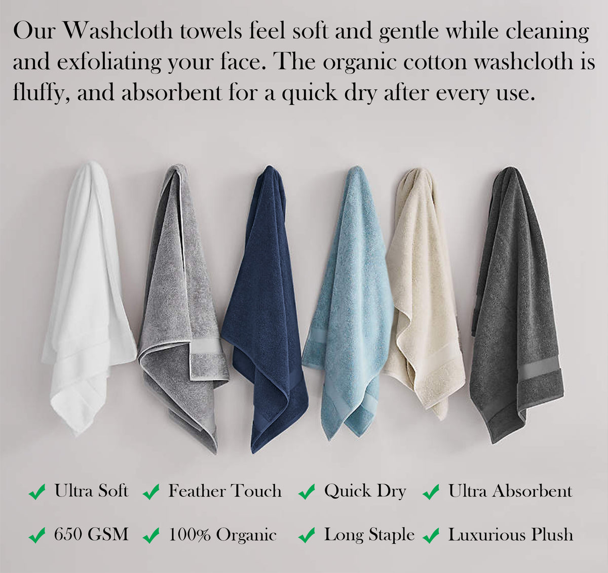 Delara 100% Organic Cotton Soft, Quick Dry & Ultra-Absorbent Wash Cloth (Pack of 6)