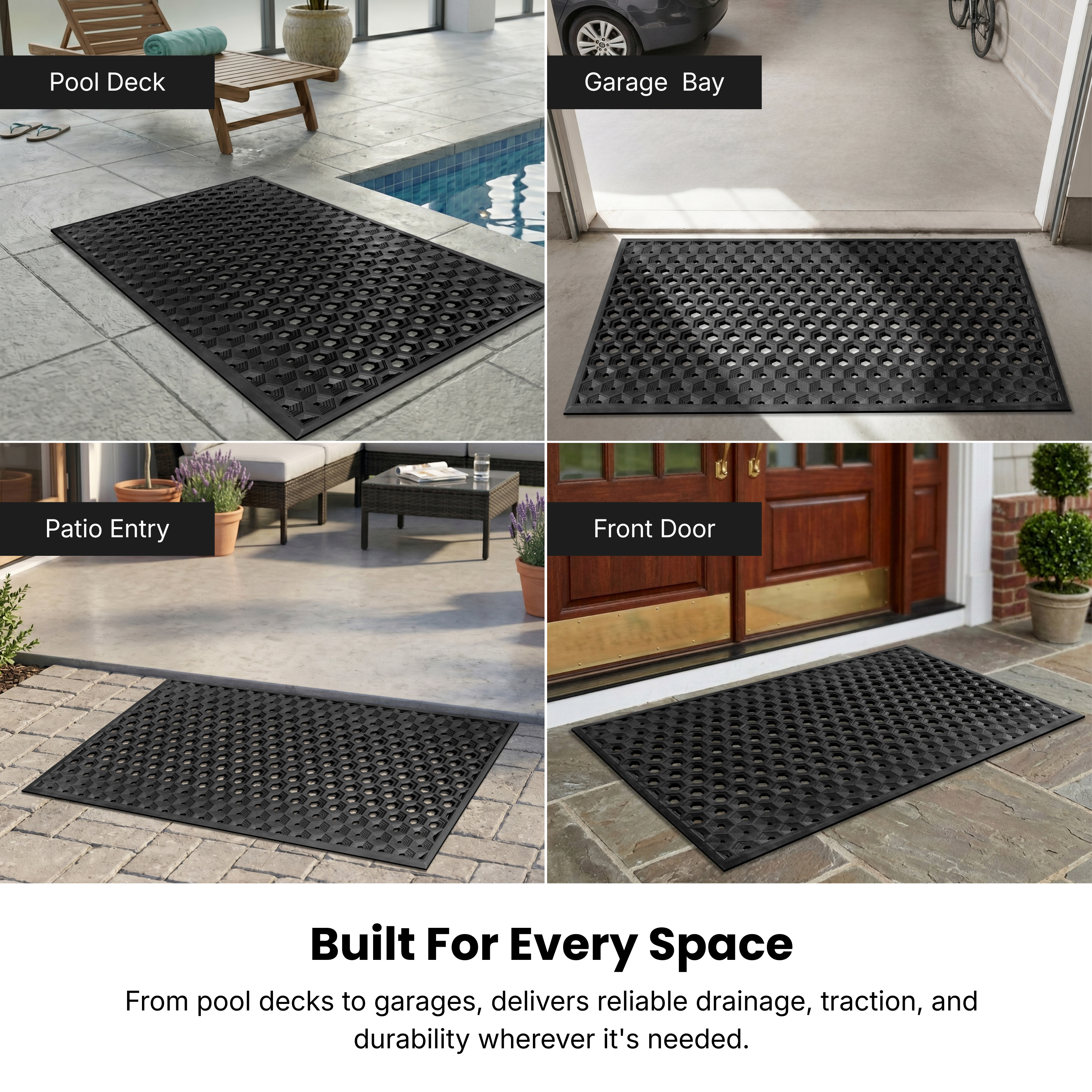 Hexagonal grid rubber door mat for outdoor commercial entrance