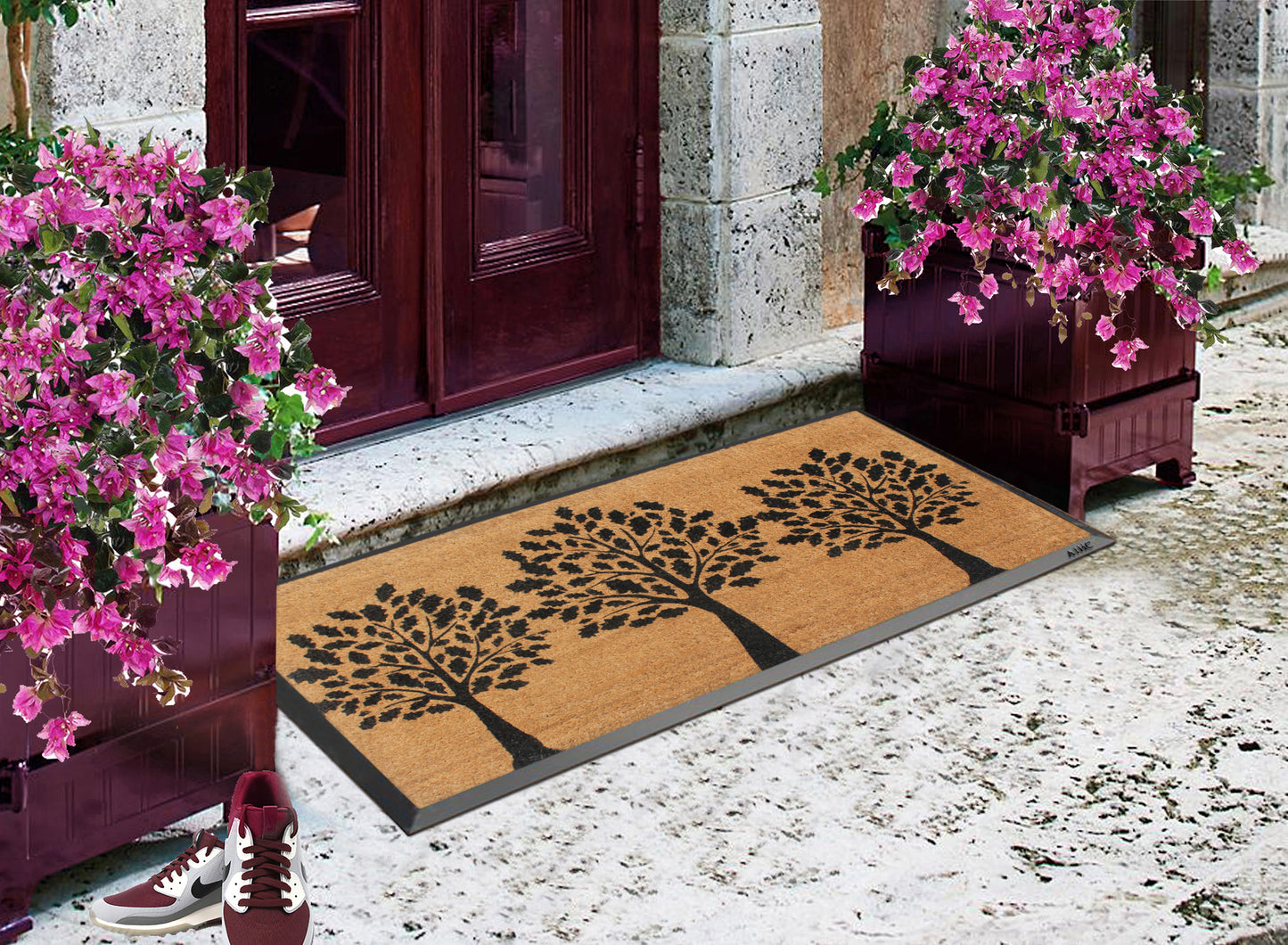 Black Welcome Three Trees Monogrammed Doormats